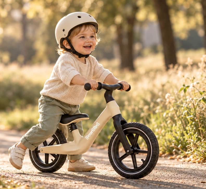 Kind mit geschlossenem Helm auf einem beigen Glide Laufrad im Park – Kampagnenmotiv