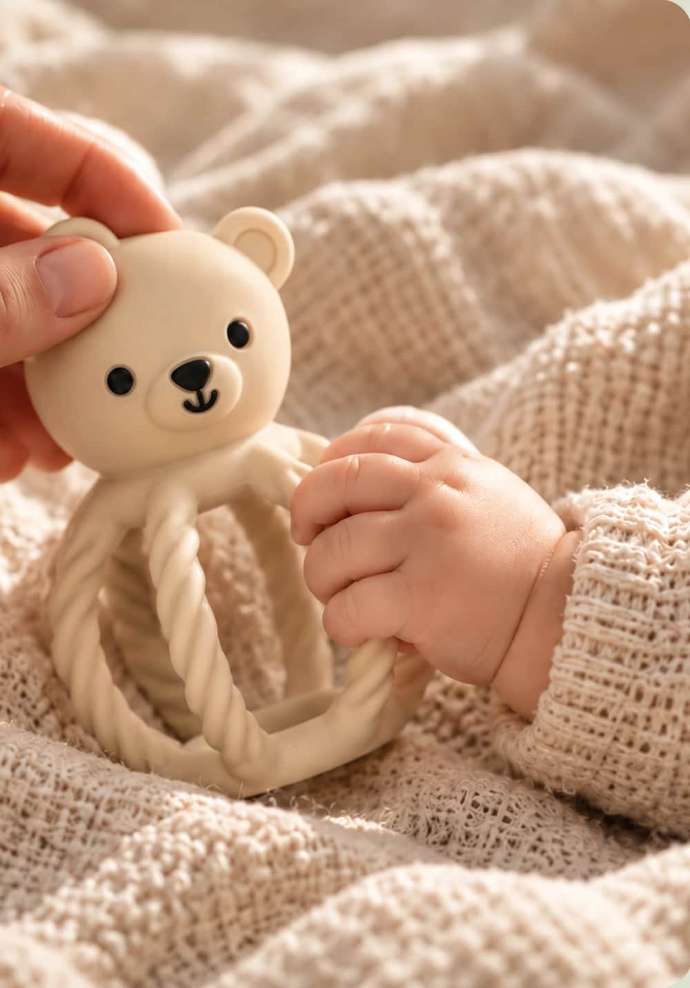 Erwachsenenhand und Kinderhand halten gemeinsam einen beigen Bärli Greifling – Kampagnenmotiv