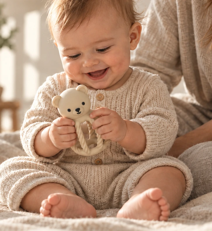 Baby mit beigem Bärli Greifling auf einer weichen Decke – Kampagnenmotiv