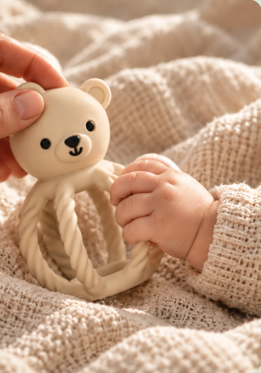 Erwachsenenhand und Kinderhand halten gemeinsam einen beigen Bärli Greifling – Kampagnenmotiv